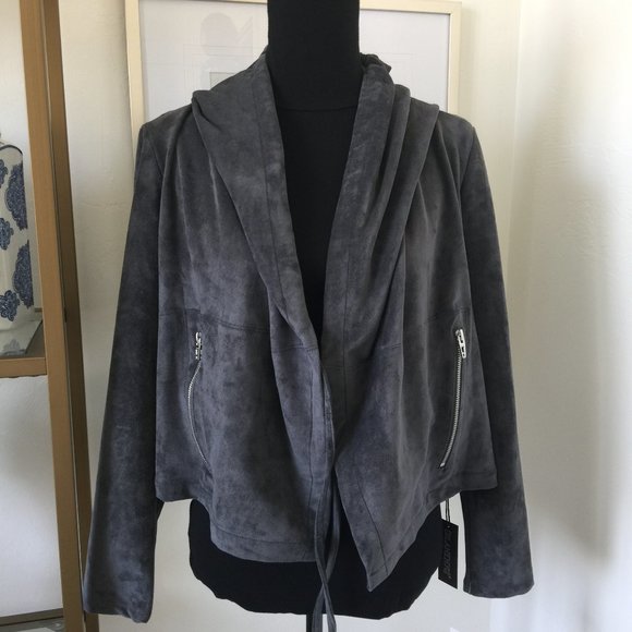 Blank NYC Faux Suede Grey Drawstring Hooded Jacket Size Small Zipper Pockets - Picture 3 of 9